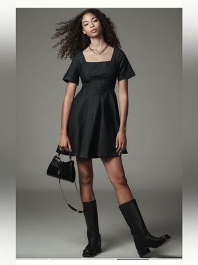 Pilcro Denim-Look Fit & Flare Mini‎ Dress in Faded Blue